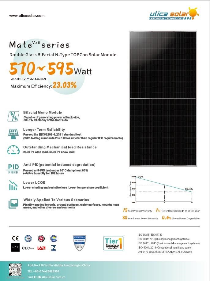 Pannello fotovoltaico Ulica Solar 595W Pannello fotovoltaico Ulica Solar 595W